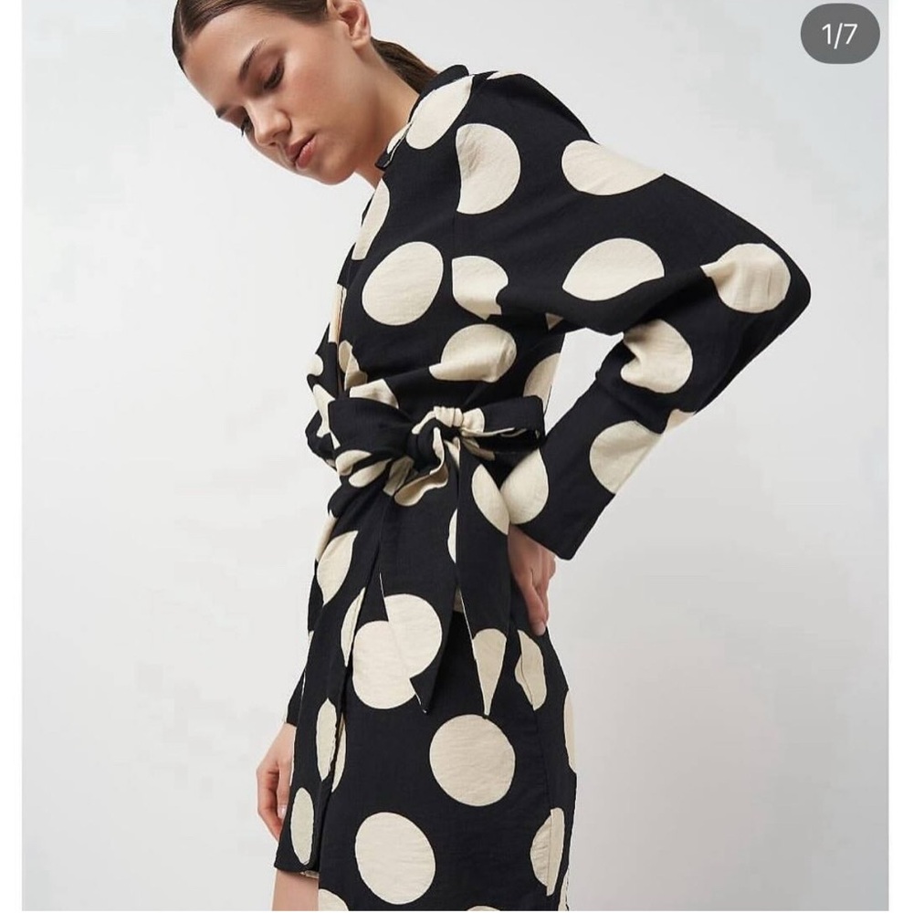 H&M Black and Cream Polka Dot Long Sleeve Wrap Dress Sz S